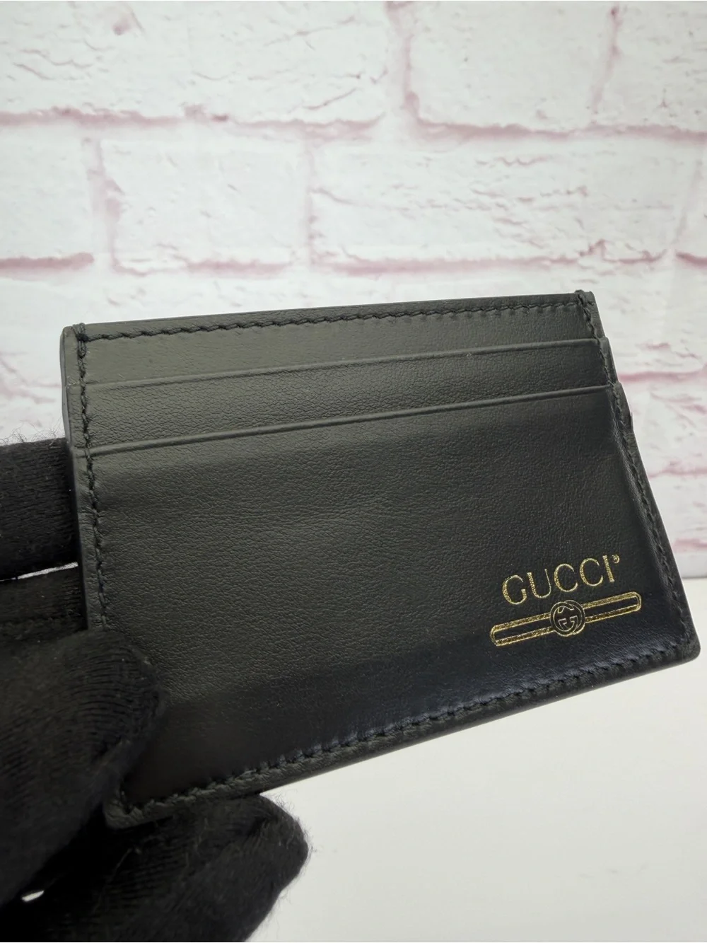 Gucci Black Leather Card Holder Gold Logo